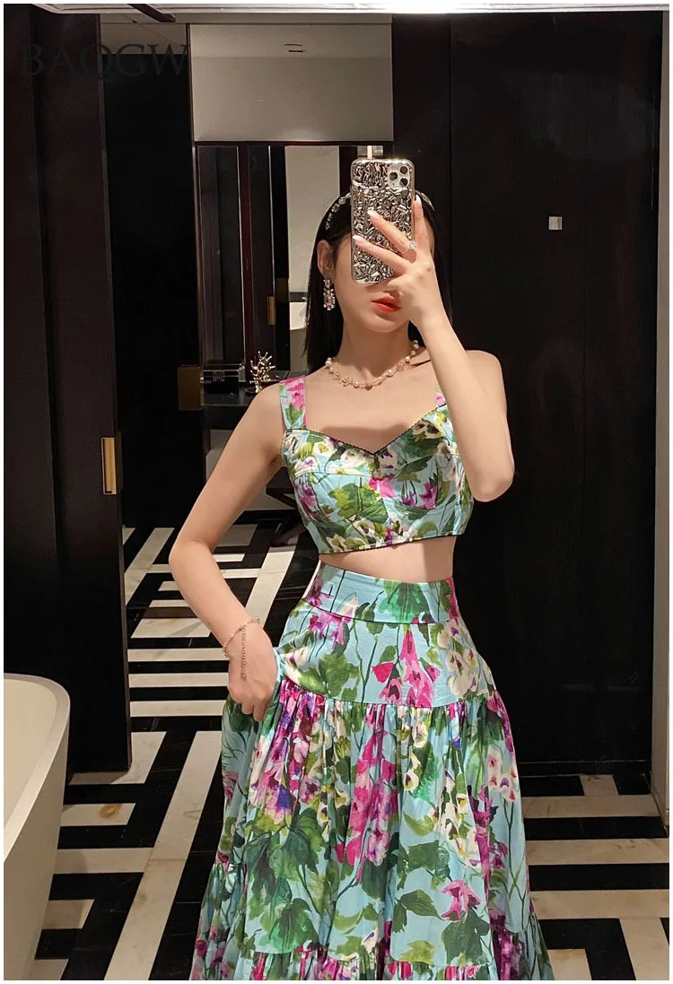 Summer Floral Print Cropped Tops and A Line Midi Skirt Dress Set Women Chic 2 Two Pieces Sets Luxury Party Beach Dress Outfits