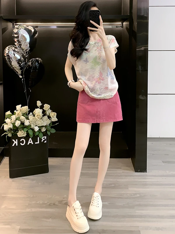 Elegant Fashionable Short Sleeve T-Shirt And Skirt Set for Women in Pink Summer 2026 Age Reducing Two Piece Suit Casual Sport...