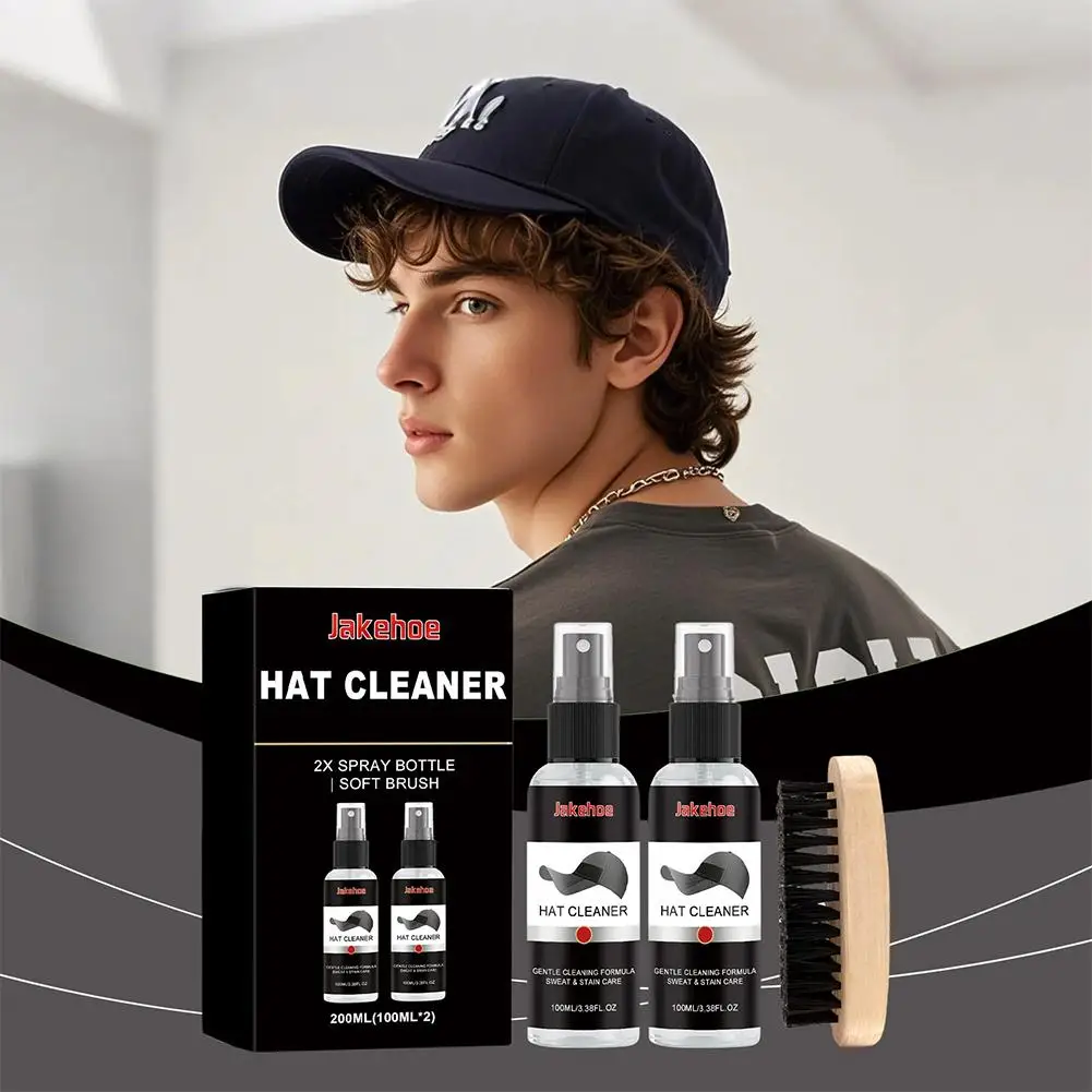 Baseball Cap Cleaning Kit 2x100ml with Brush Deep Stain & Odor Remover Gentle Care Spray for Hat Fabric Shape Protection