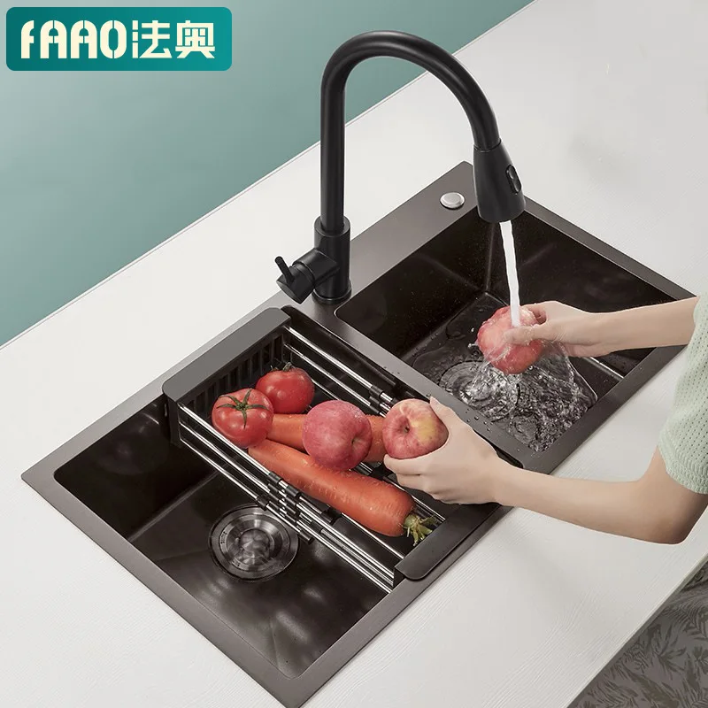 

Kitchen 304 Stainless Steel Vegetable Washing Basin Sink Black Thickened Nano Dishpan Vegetable Washing Sink Handmade Single