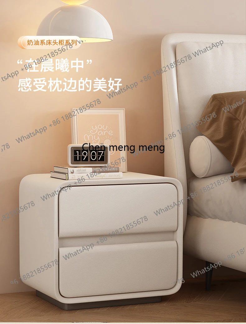 Bedroom Household Cream Wind Bedside Cabinet Solid Wood Leather Simple Modern Light Luxury