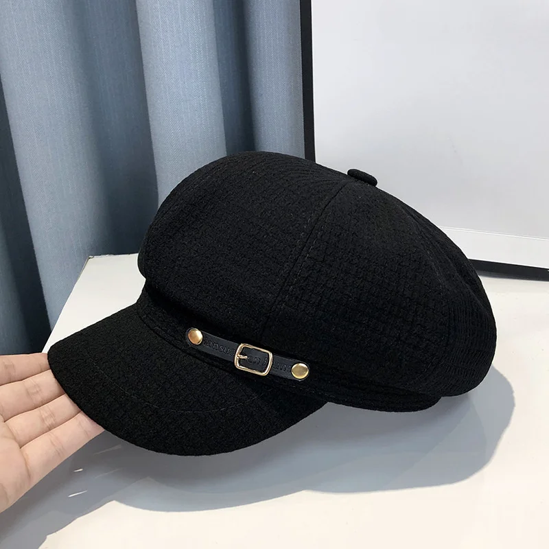 Fashion Women Berets Female Retro Berets Caps for Hats Retro Buckle Decor Short Bonnets Hats for Octagonal Dome Newsboy Hat