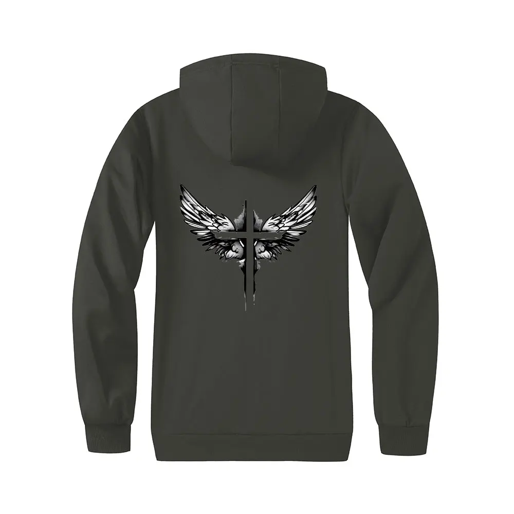 เสื้อแจ็คเก็ตมีฮู้ดผ้าขนแกะสำหรับผู้ชาย พิมพ์ลายปีกกางเขน ซิปแบบคาร์ดิแกน มีกระเป๋าหน้าแบบหนา เสื้อแจ็คเก็ตอุ่นๆ สำหรับใส่เป็นเสื้อนอก