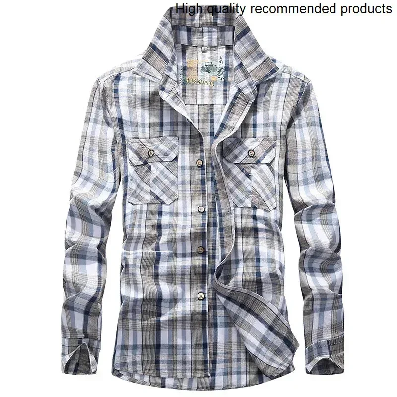 Shirt Men Army Long Plaid Sleeve Camisa Masculina Plus Size 4XL 100% Cotton Casual Mens Shirts Chemise homme