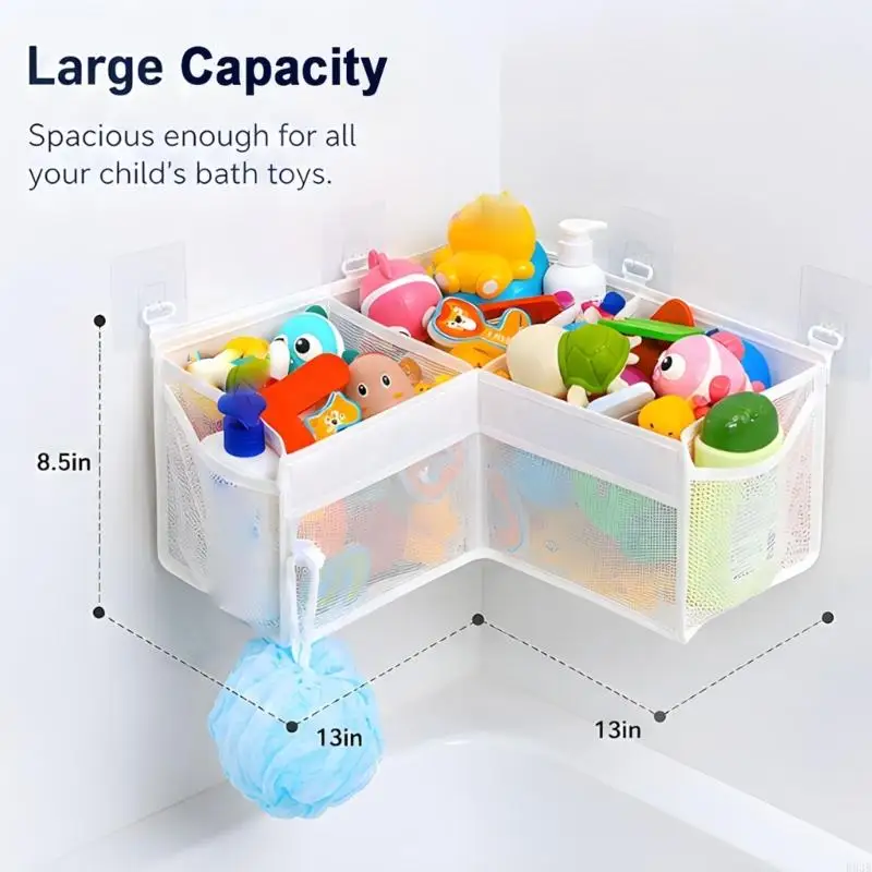 Wall Mounted Bath Item Storage Bag with Separate Sections, Hanging Bathroom Net Holder for Tub Area, Family Bath B03E