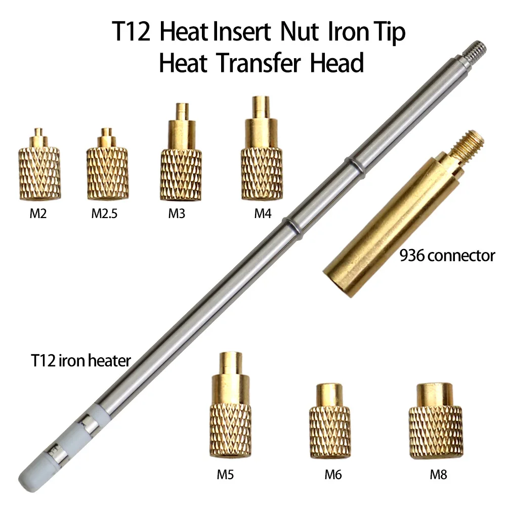 Heat Insert Nut Iron Tip T12 Soldering Iron Tip Insert Internal Thread Head M2-M8 Brass Hot Nut Insertion Kit 3D print accessory