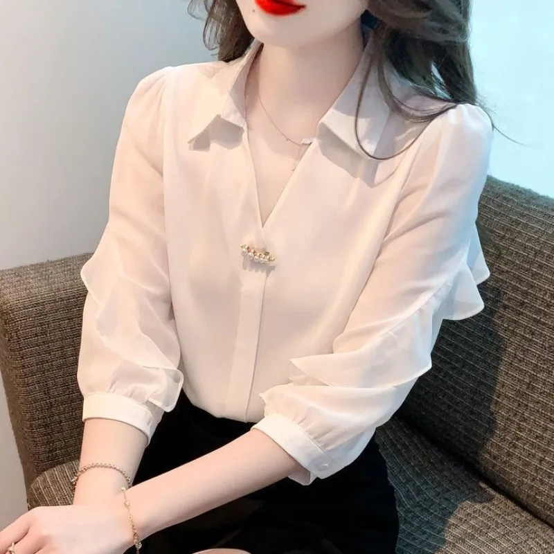 Women\'s Summer New Fashion Commute Solid Color Spliced Ruffles 3/4 Sleeve Chiffon Blouses Work Wear Half Open Collar Chic Shirts