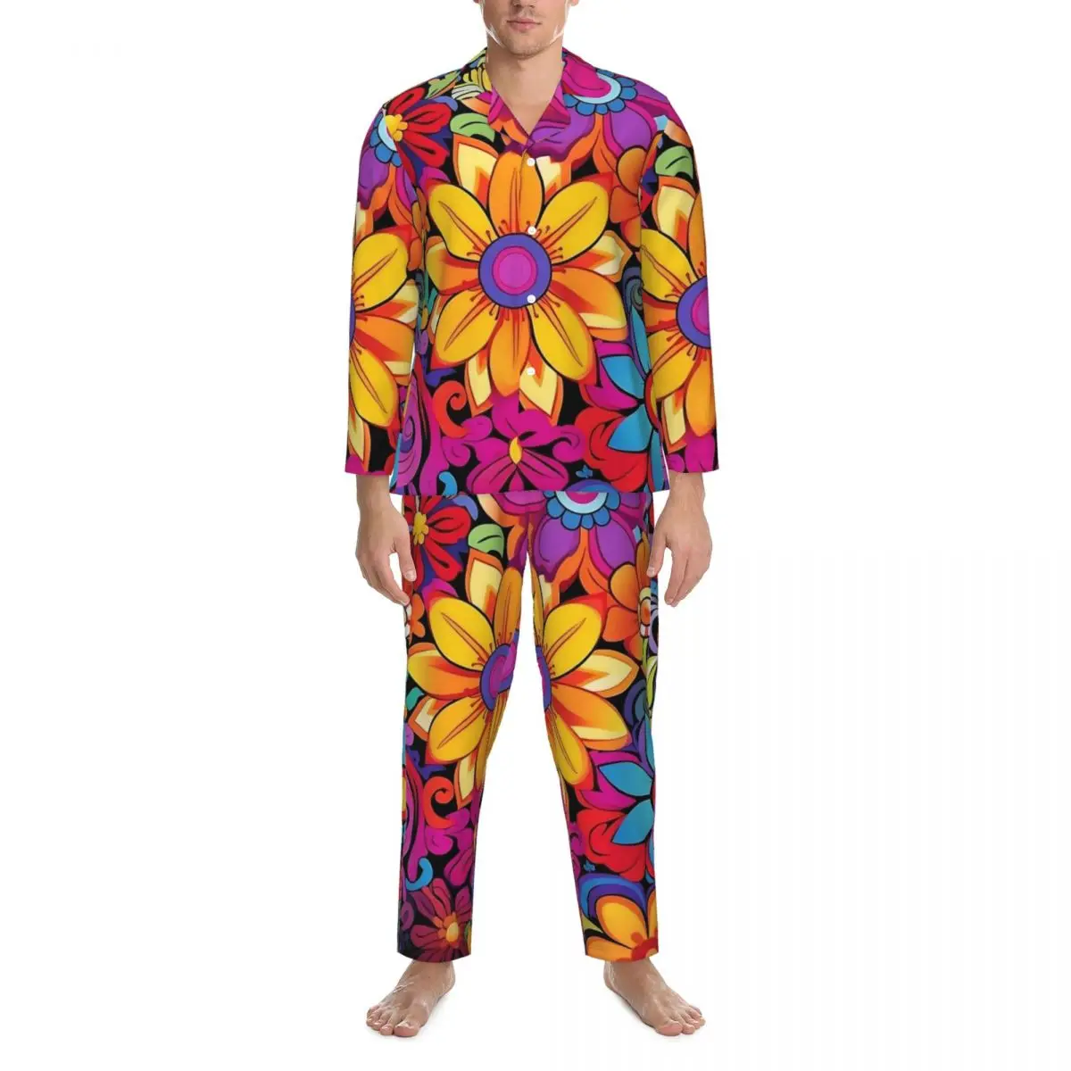 

Pajamas Man Flower Power Night Nightwear Psychedelic Floral 2 Piece Retro Pajama Sets Long Sleeve Lovely Oversized Home Suit