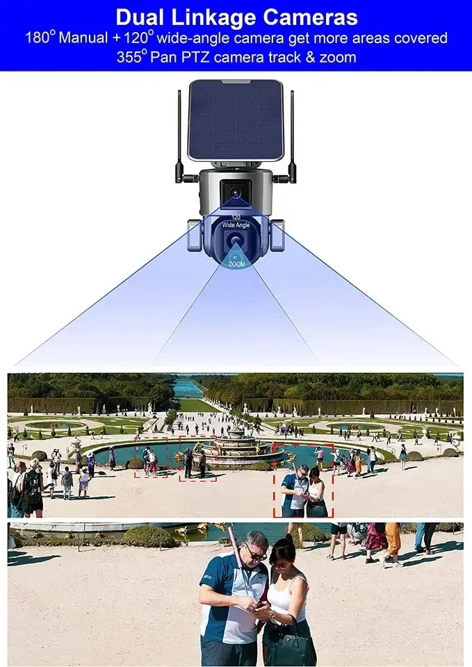 

Wireless 4k Solar Dual Camera 360 10X Optical Zoom Wireless WIFI Solar Powered Surveillance Camera with Sim Card Slot