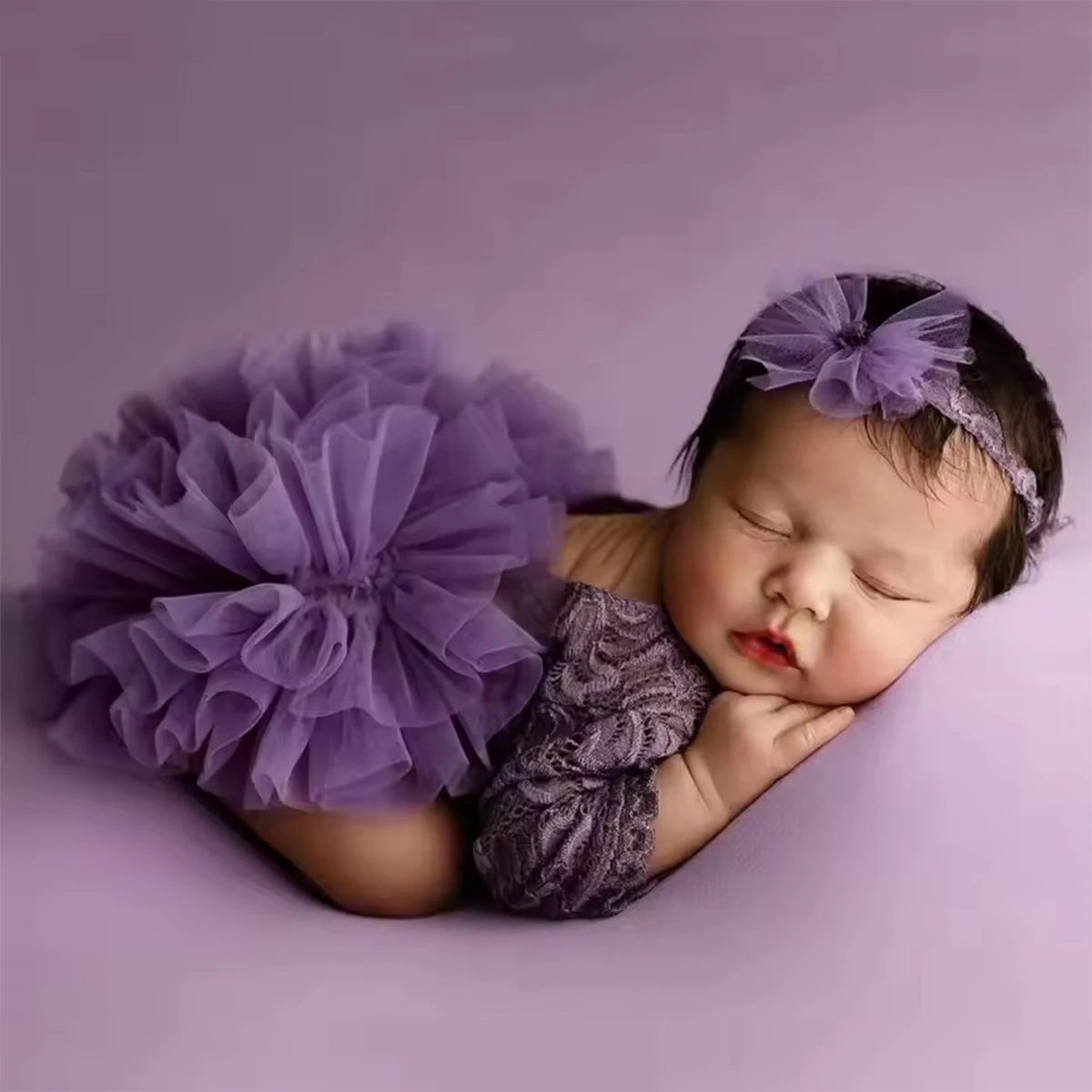 Ylsteed 2Pcs Pink Set Newborn Clothing Lace Romper for Photo Shooting Fluffy Mesh Lace Photography Outfits with Headband-HD