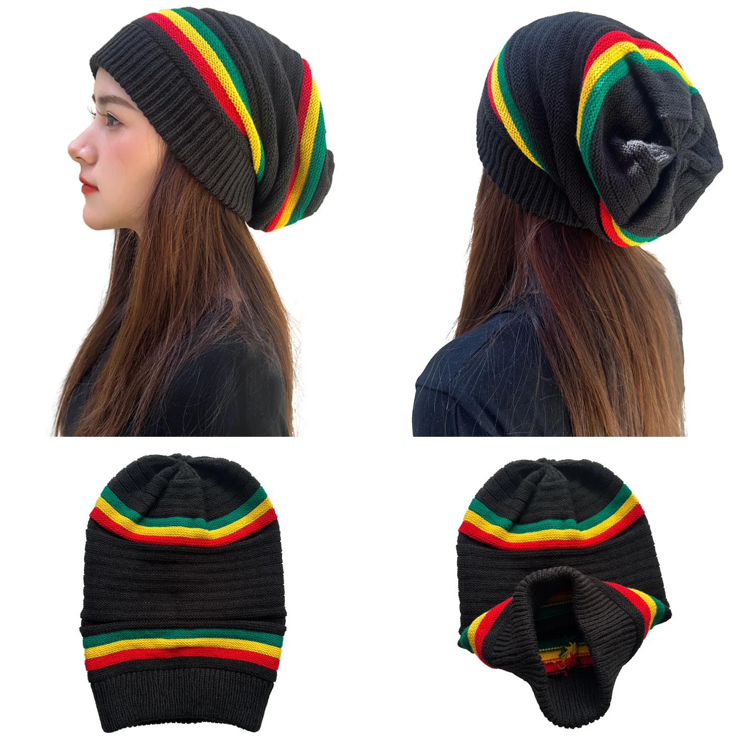 Fall/Winter Fashion Colorful Beanie Hats Jamaican Reggae Hats Elastic Adjustable Knitted Woolen Caps Street Pull-over Caps