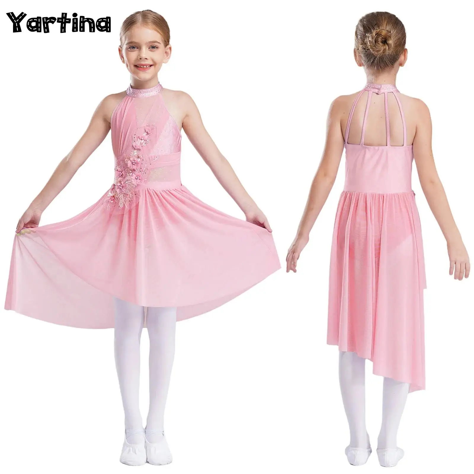

Детские балетные платья для девочек, лирические современные танцевальные платья, гимнастический художественный костюм для катания на коньках, блестящее платье-пачка со стразами