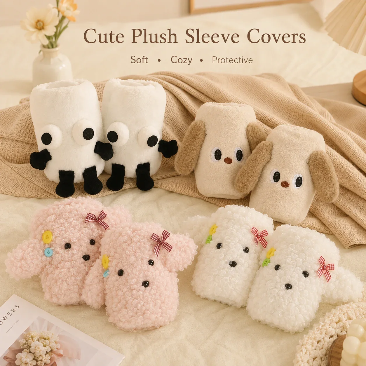 Adorable Dog Plush Sleeve Covers, Soft Fluffy Arm Protectors for Children, Winter Jacket Cuff Guards, Washable