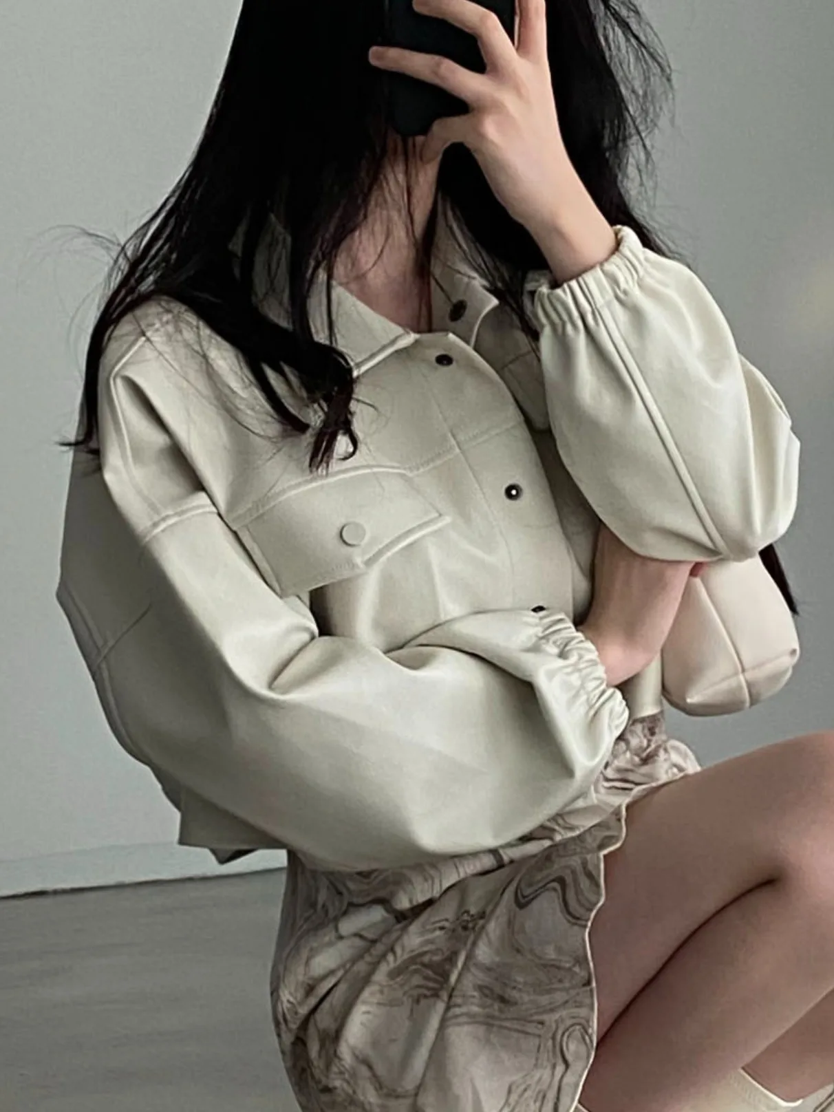 Chic ort Leather Jaet Women's Faionable Spring Single Button Notch Collar Double ket Slim Fit PU Leather Coat