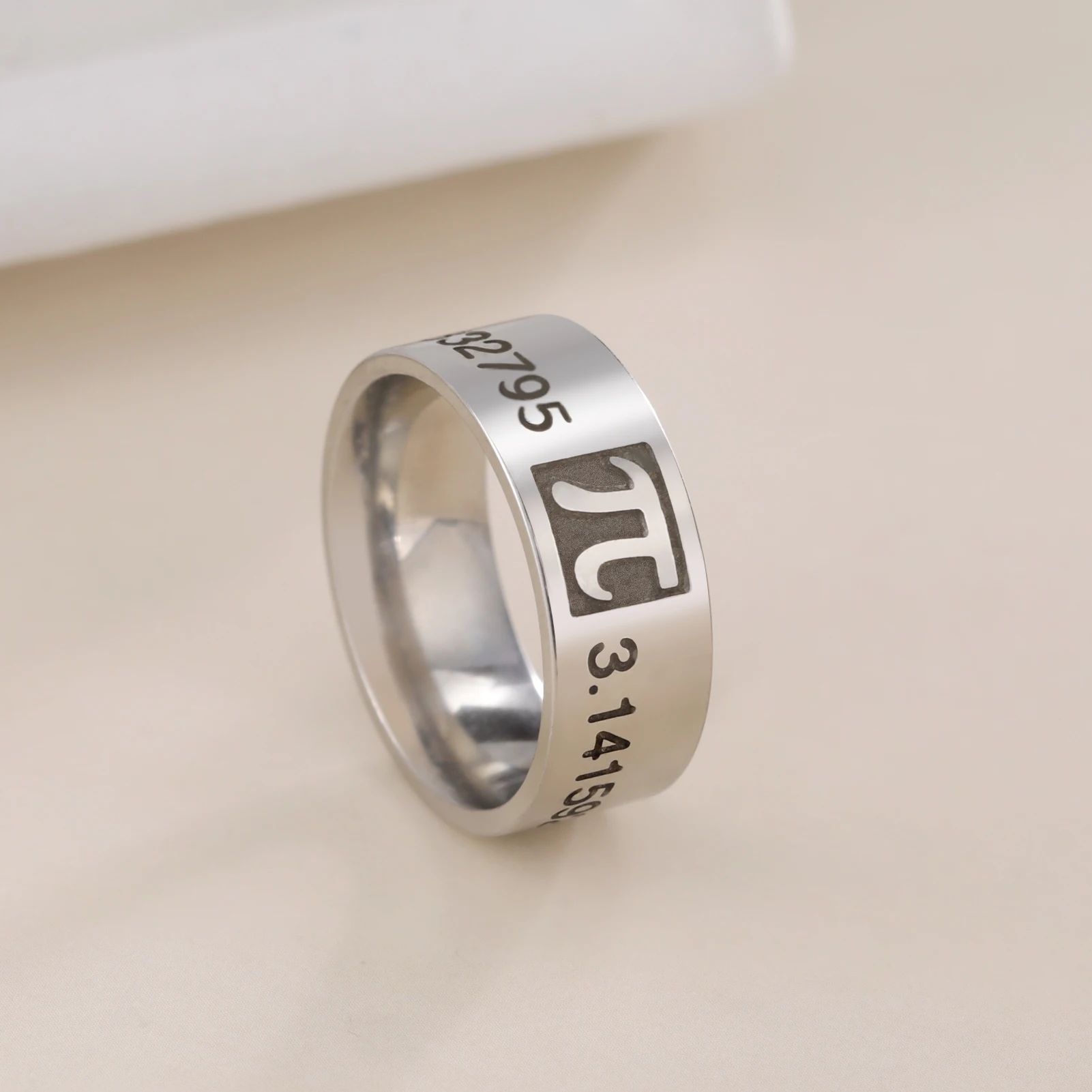 Skyrim Mathematics Pi Symbol Ring 8MM Wide Men Women 3.14159 Greek Letter π Stainless Steel Finger Rings Math Lovers Gift