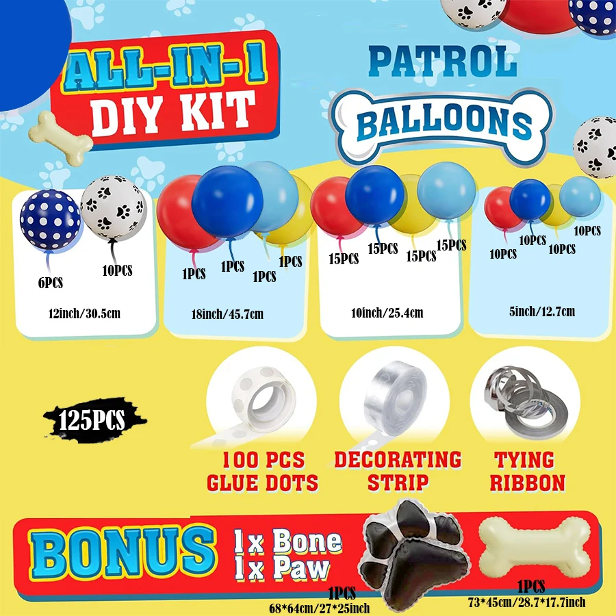 Blue Yellow Red Paw Bone Balloons Garland Arch Kit with Dog Bone for Patrol Themed 3th 5th Birthday Party Decoration Supplies