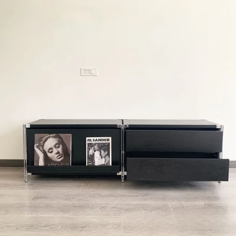 Minimalist style stainless steel black TV cabinet, steel frame combo model, living room storage rack, floor-standing storage