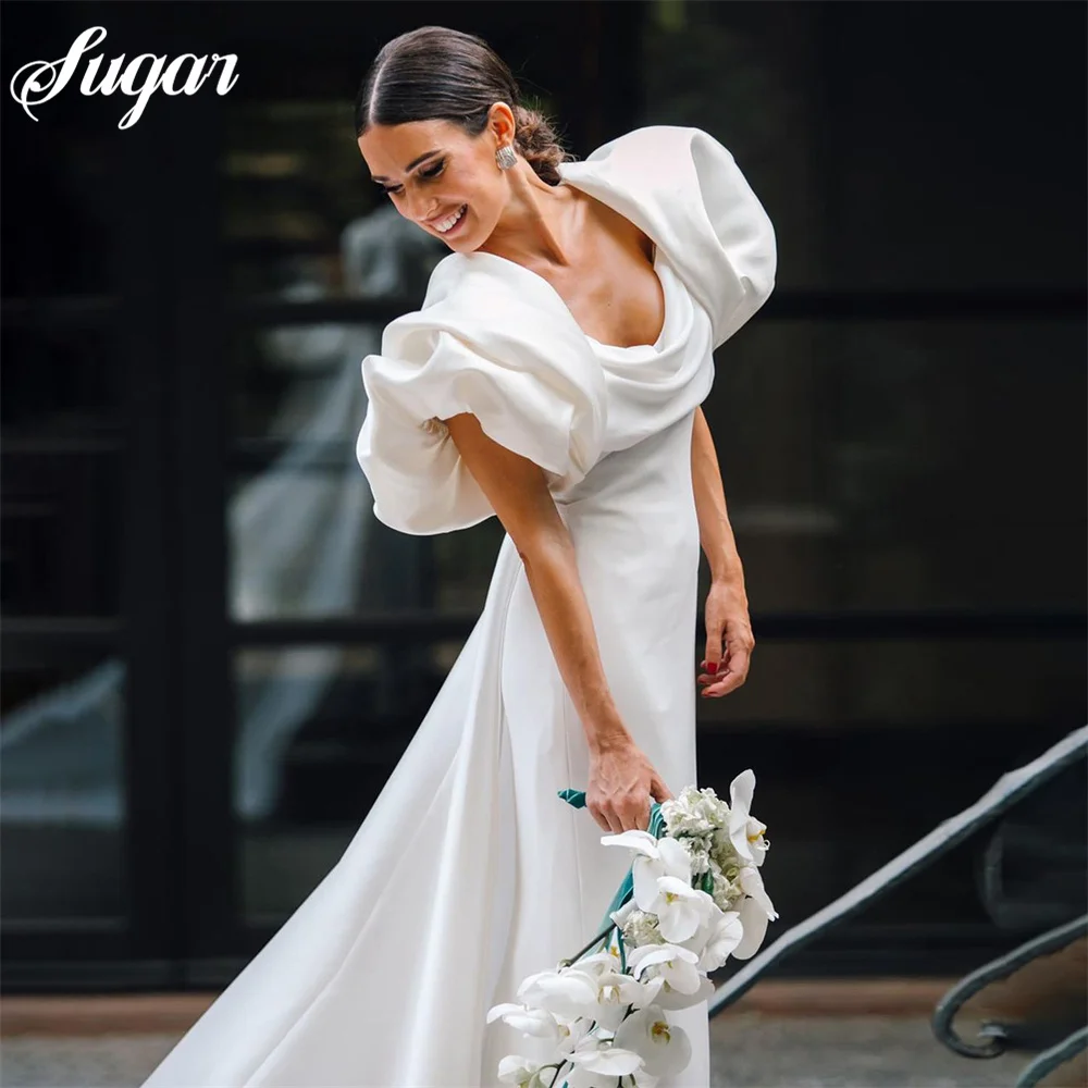 

Simple Solid Mermaid Wedding Dress Ruched Square Collar Puff Sleeves Bridal Evening Prom Dress Elastic Bride Gowns suknia ślubna