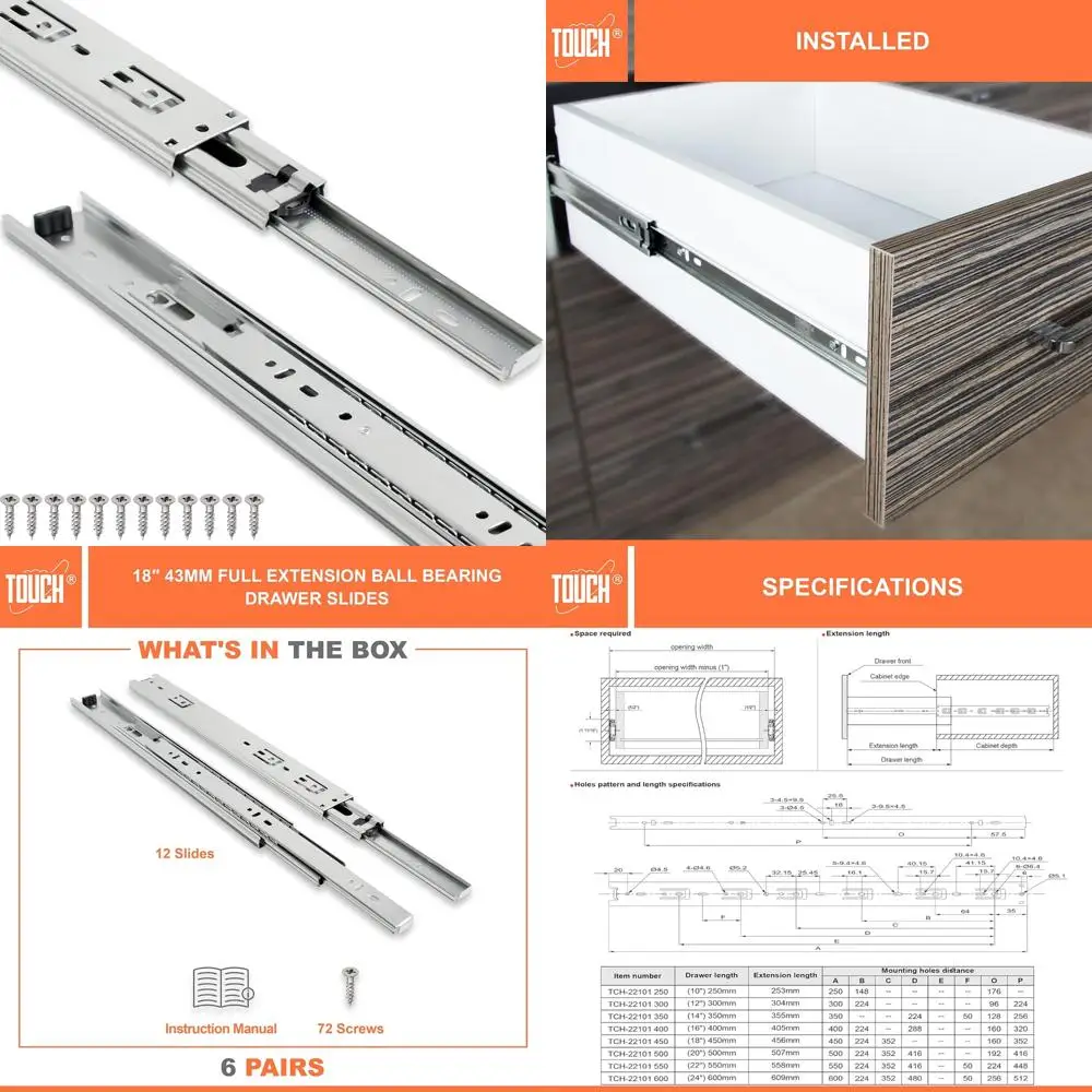 

Направляющие для ящиков TOUCH (6 пар, 18 дюймов, 450 мм), шарикоподшипник с полным выдвижным боковым креплением, 3 складные металлические направляющие, направляющие, направляющие Runne