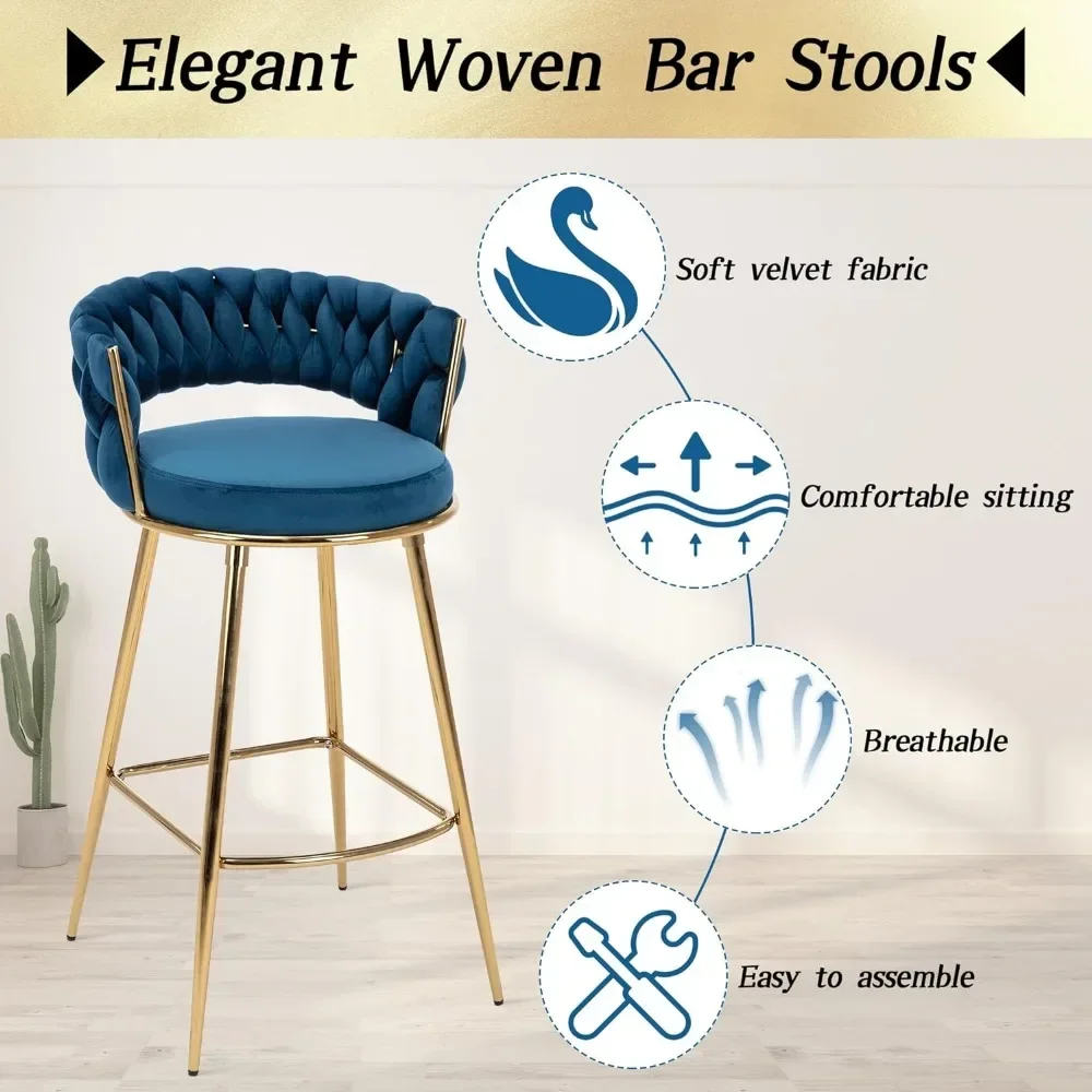 Bar Stools Set of 2, 29 Inches Height Comfy Seat and Sturdy Golden Metal Legs, Handmade Woven Back Armrest,Bar Chairs