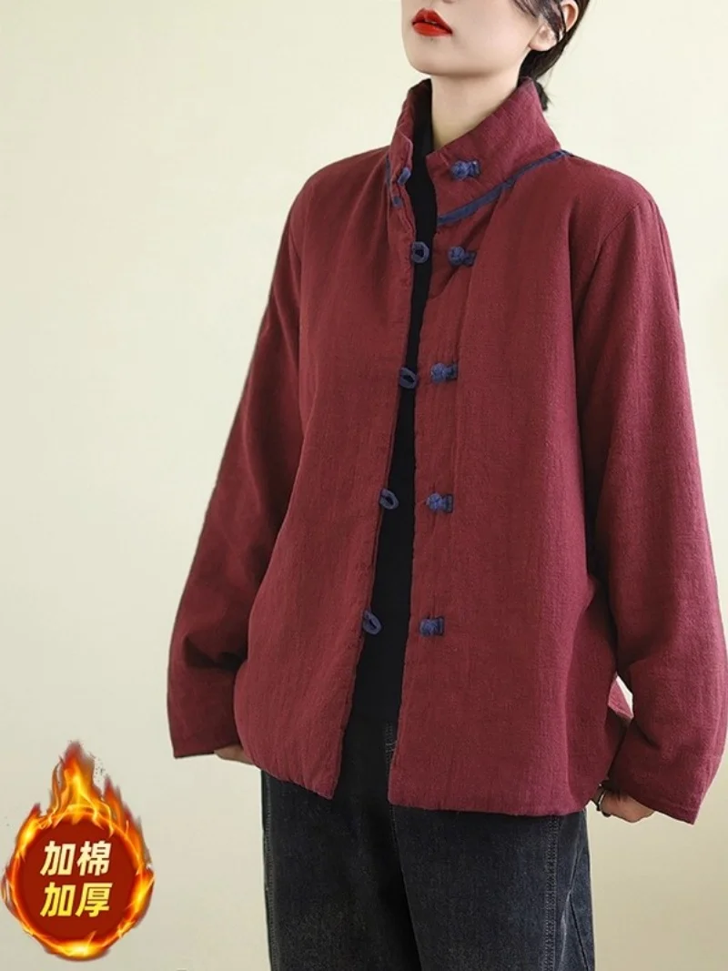 

Простое женское зимнее пальто из утолщенного хлопка и льна 2025 года, Новое поступление, корейская стеганая куртка в стиле ретро с коротким воротником-стойкой w1002