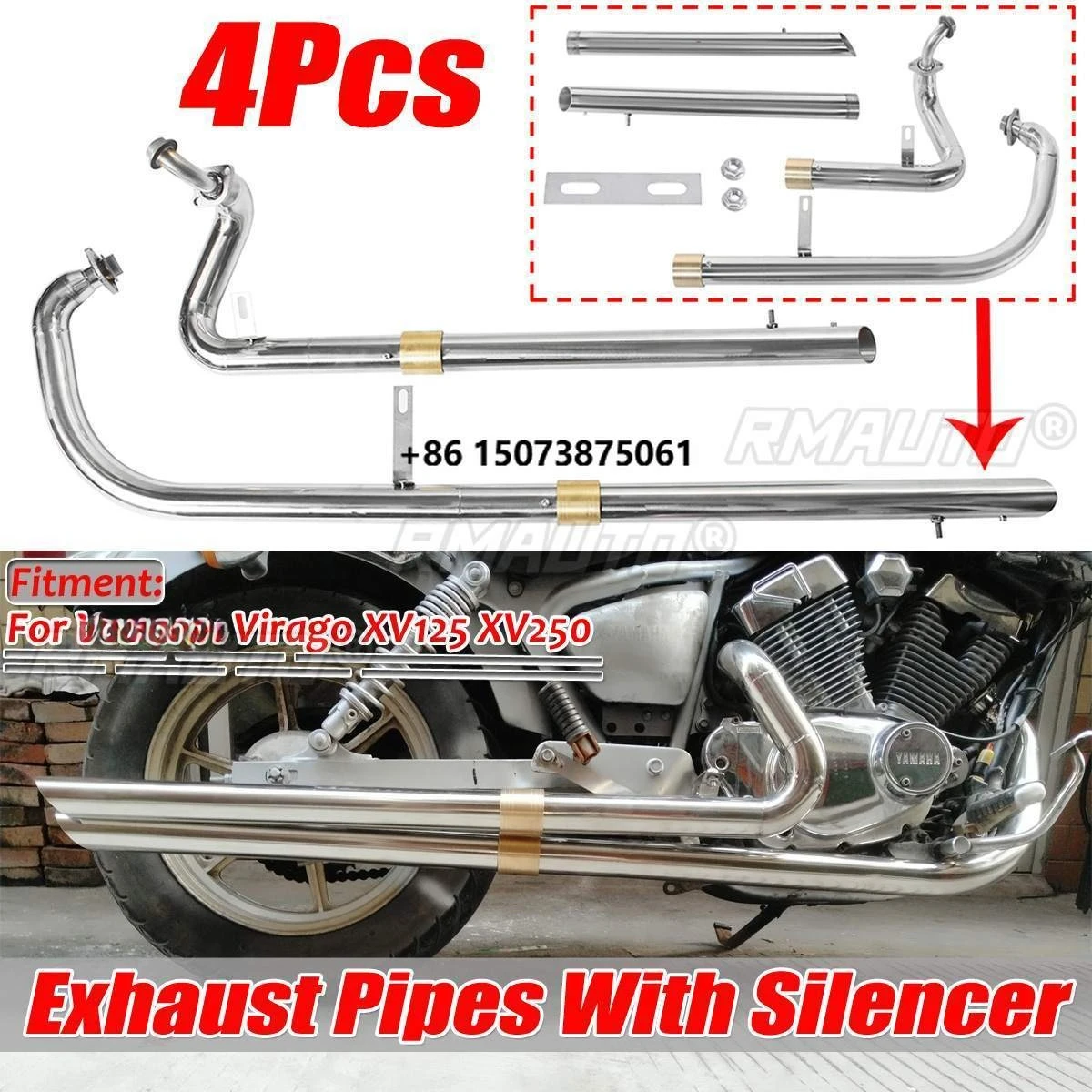 Motorcycle Long Exhaust Muffler Pipe Full System + Virago XV125 XV250 Moto Stainless Steel Exhaust Pipes