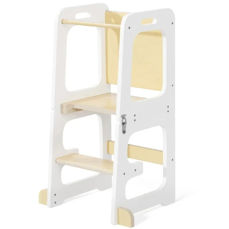 

3-in-1 Toddler Kitchen Stool Helper – Foldable Kids Standing Tower with Chalkboard and Safety Rail, Wooden Step Stool