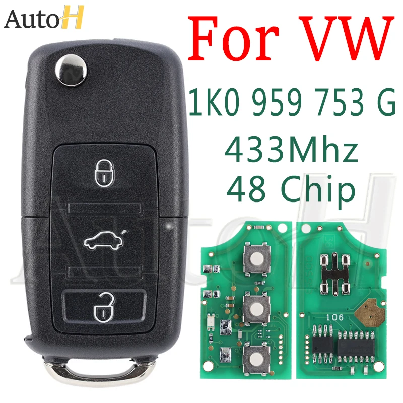 Auto Afstandsbediening Sleutel 1K 0 959 753G voor VW VOLKSWAGEN Golf Jetta Caddy EOS SIROCCO Tiguan Touran Skoda HU66 433Mhz Smart key ID48 chip