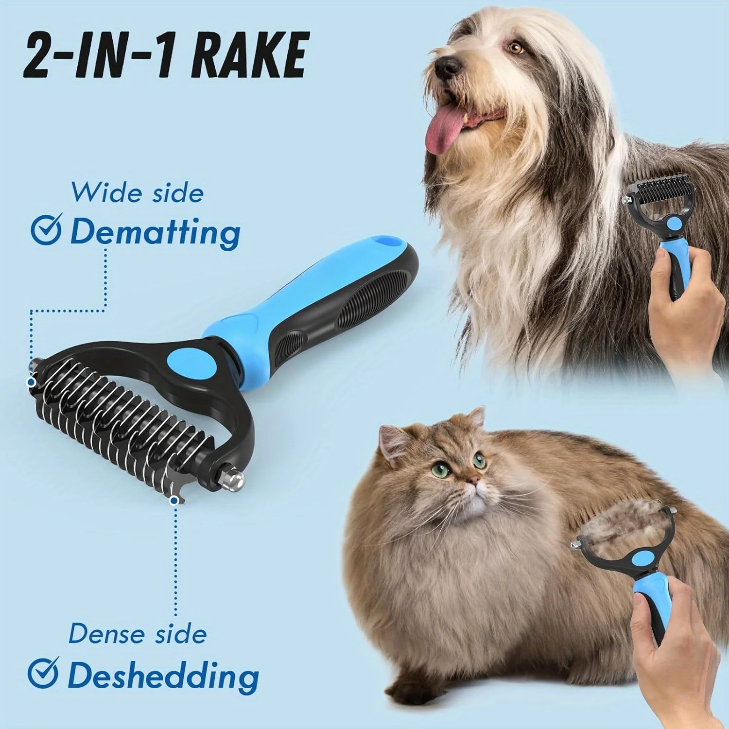 Pet Grooming Combo - Blue Deshedding Brush and Metal Comb for Cats and Dogs, Detangling and Dematting Tool for Long, Matted Fur