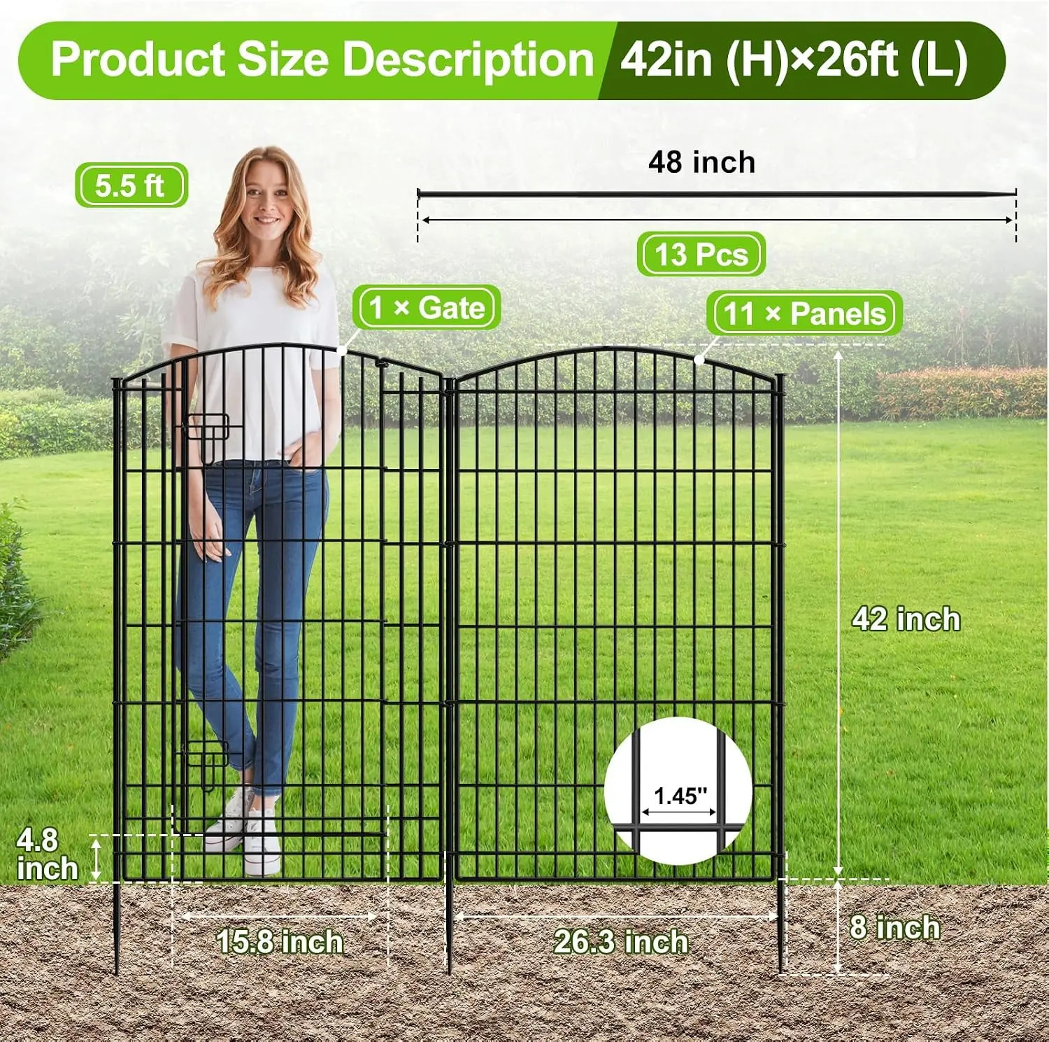 Decorative Garden Fence 12 Panels 26ft (L) x 42in (H) Garden Fences with 11 Panels + 1 Gate, No Dig Animal Barrier Rabbit