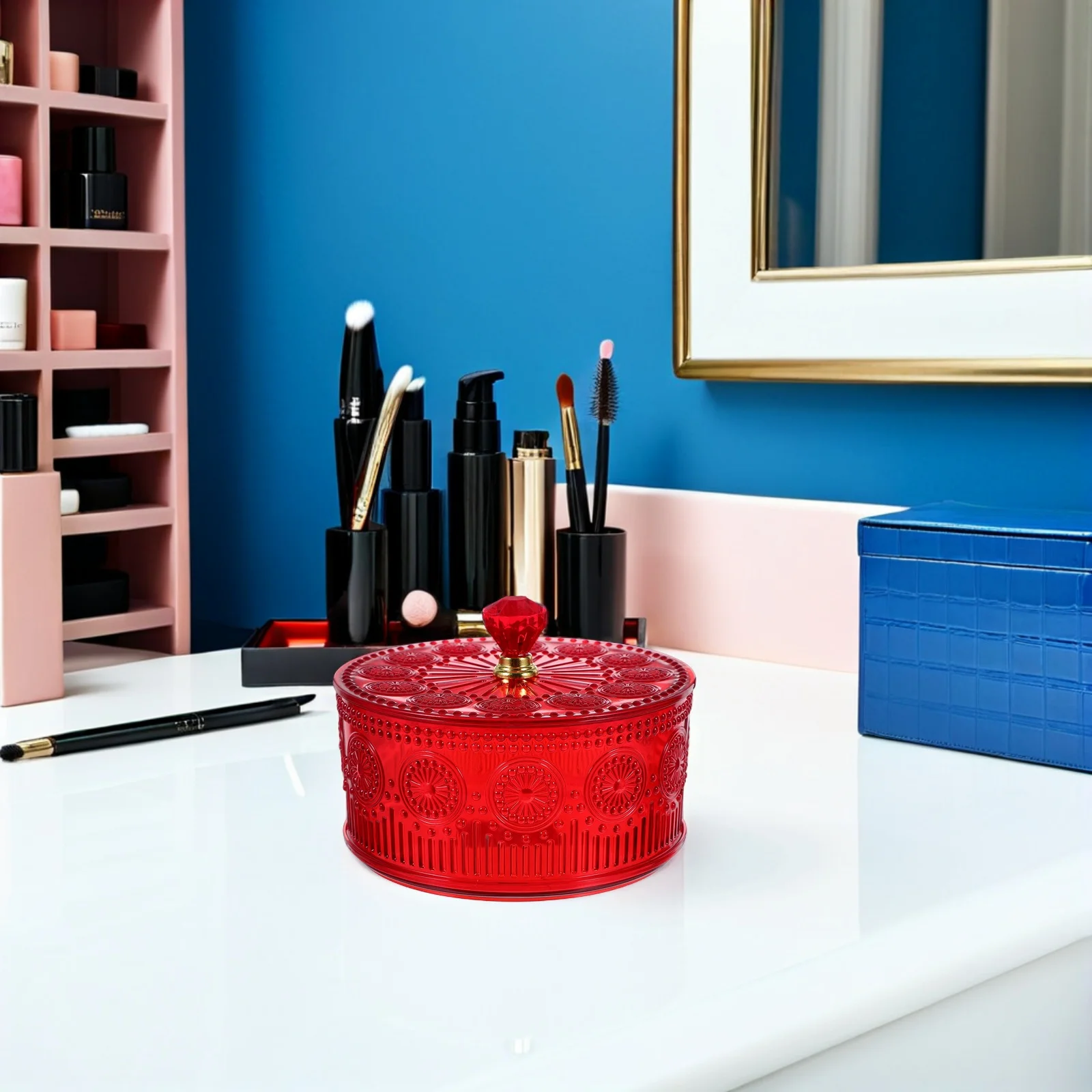 

Embossed Candy Jar Round Container Decorative Floral Pattern Lid Jewelry Storage Box Dustproof Desktop Snack Organizer Party