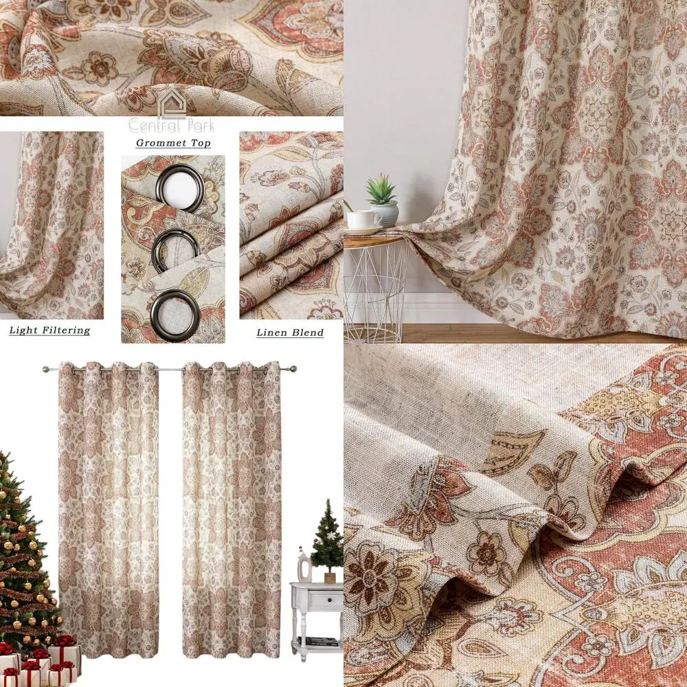 ヴィンテージレッドフローラルメダリオンカーテン 95インチ丈、光を透過する、グロメットトップ、54x95インチ ペア、ホームデコレーション用