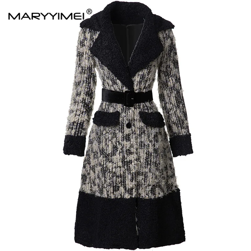 MARYYIMEI Autumn and winter Women's Coat Notched Long-Sleeved Single-breasted Lace-Up Tunic Grey S-3XL Long Overcoat