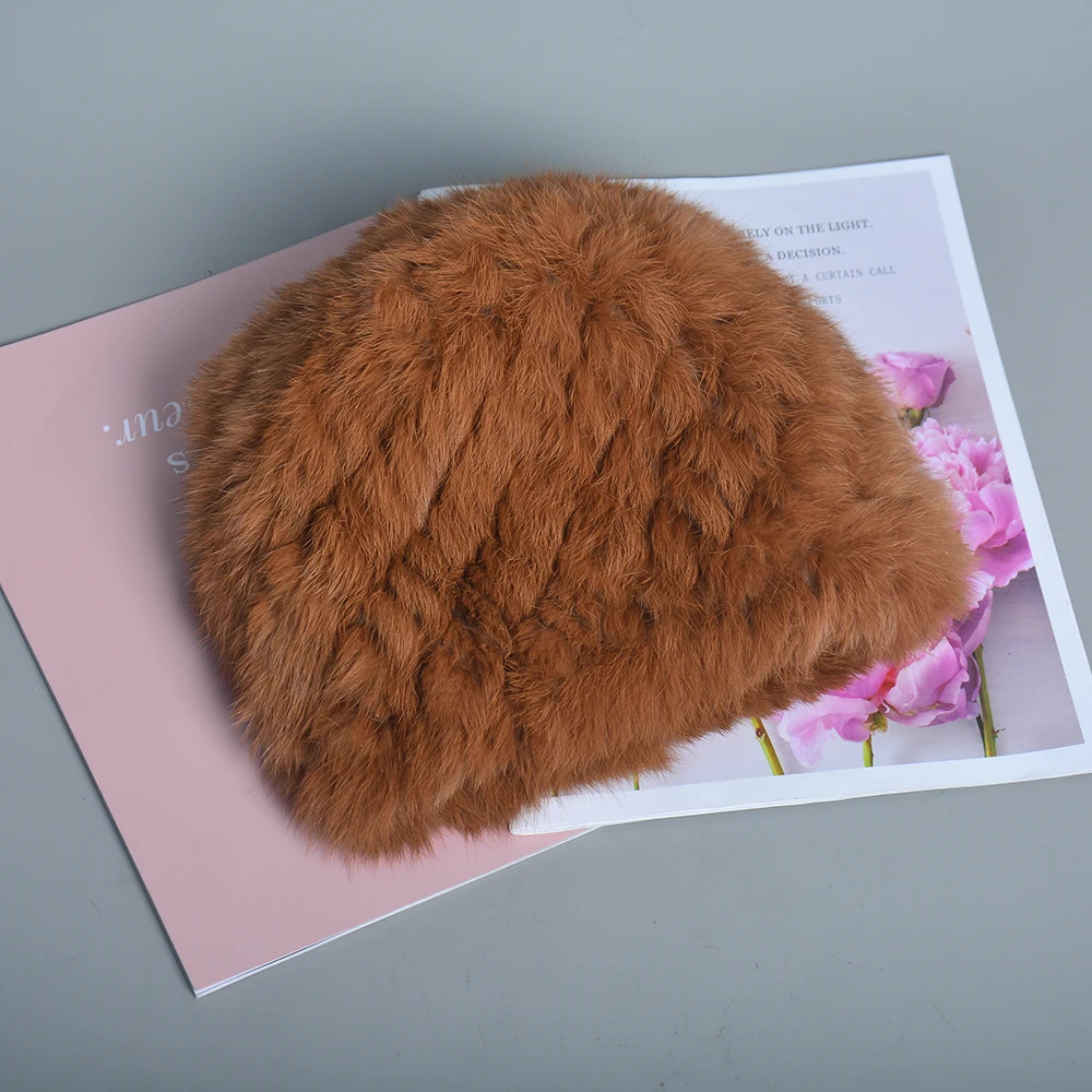 Russian Women Good Elastic Real Rabbit Fur Skully Hat Lady Winter Warm Knitted Genuine Rabbit Fur Hats Outdoor Fluffy Fur Caps