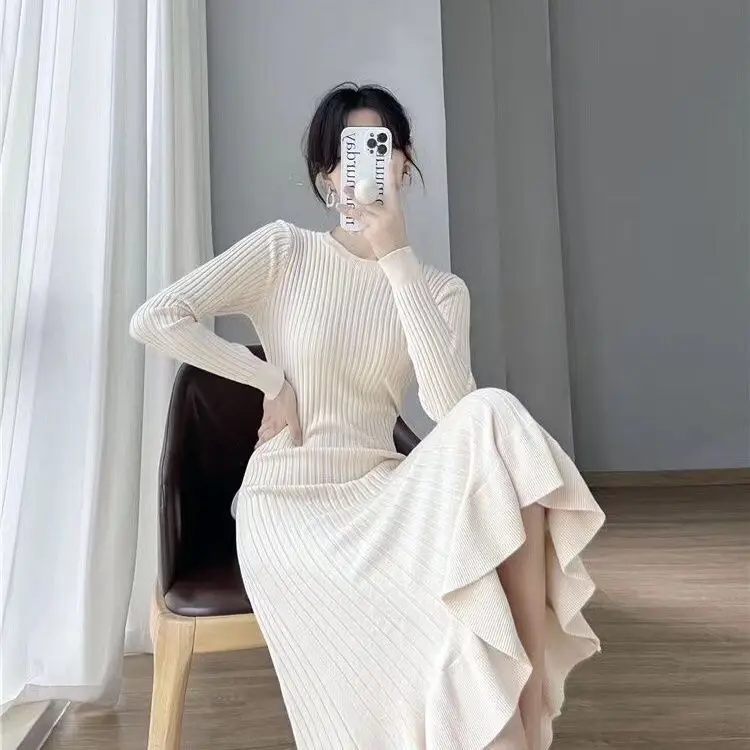Vintage Solid Knitted Round Neck Long Sleeve Dress Autumn Winter Casual Dresses for Women High Quality Soft Swerter Dresses D452