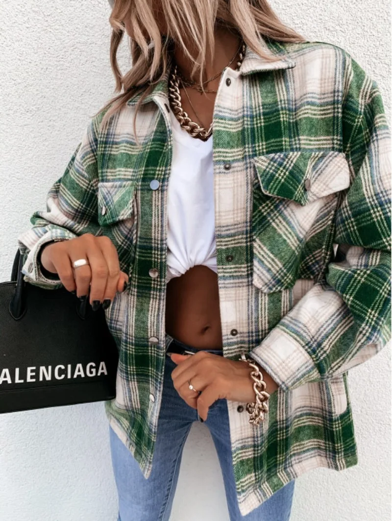 

Women‘s Fashion Plaid Shacket Oversized Trendy Retro Flannel Shirt Jacket Ladies Chest Pocket Long Sleeve Open Front Casual Top