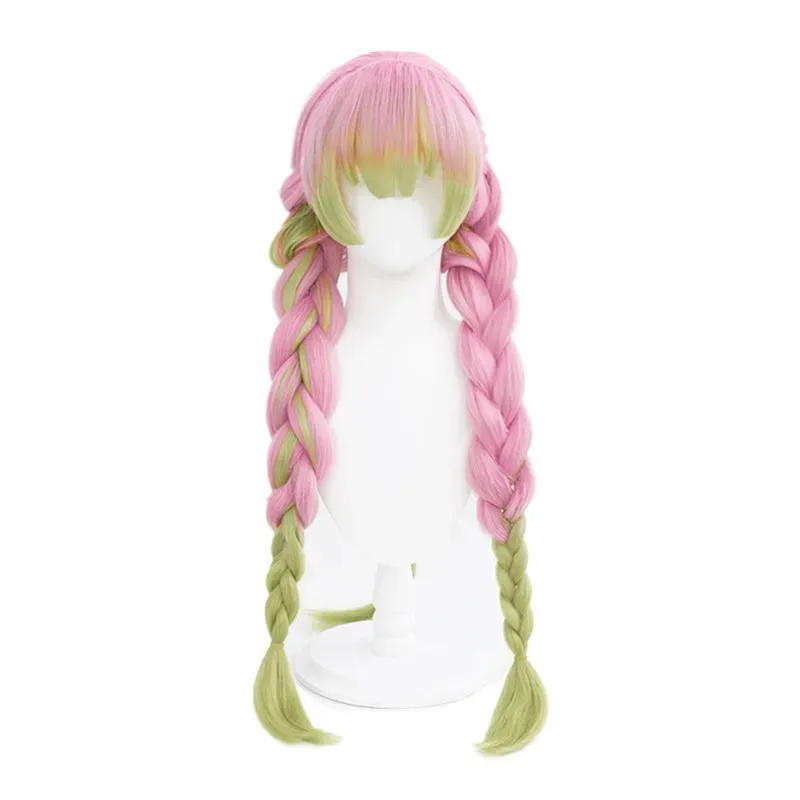 90cm Long Kanroji Mitsuri Cosplay Wig Green Pink Braids Cosplay Anime Wig Heat Resistant Hair Halloween Party Wigs + Wig Cap