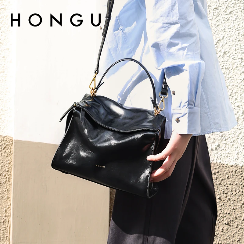 

HONGU Original Brand Bag Women Black Cowhide Handbag Cowhide Waterproof Commuting Crossbody Bag Exquisite Bags H5136219
