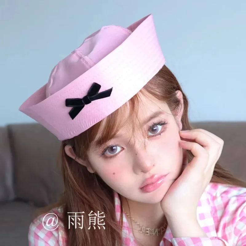 

Bow cute pink sailor hat flip hat Korean version versatile sweet girl summer JK beret navy hat