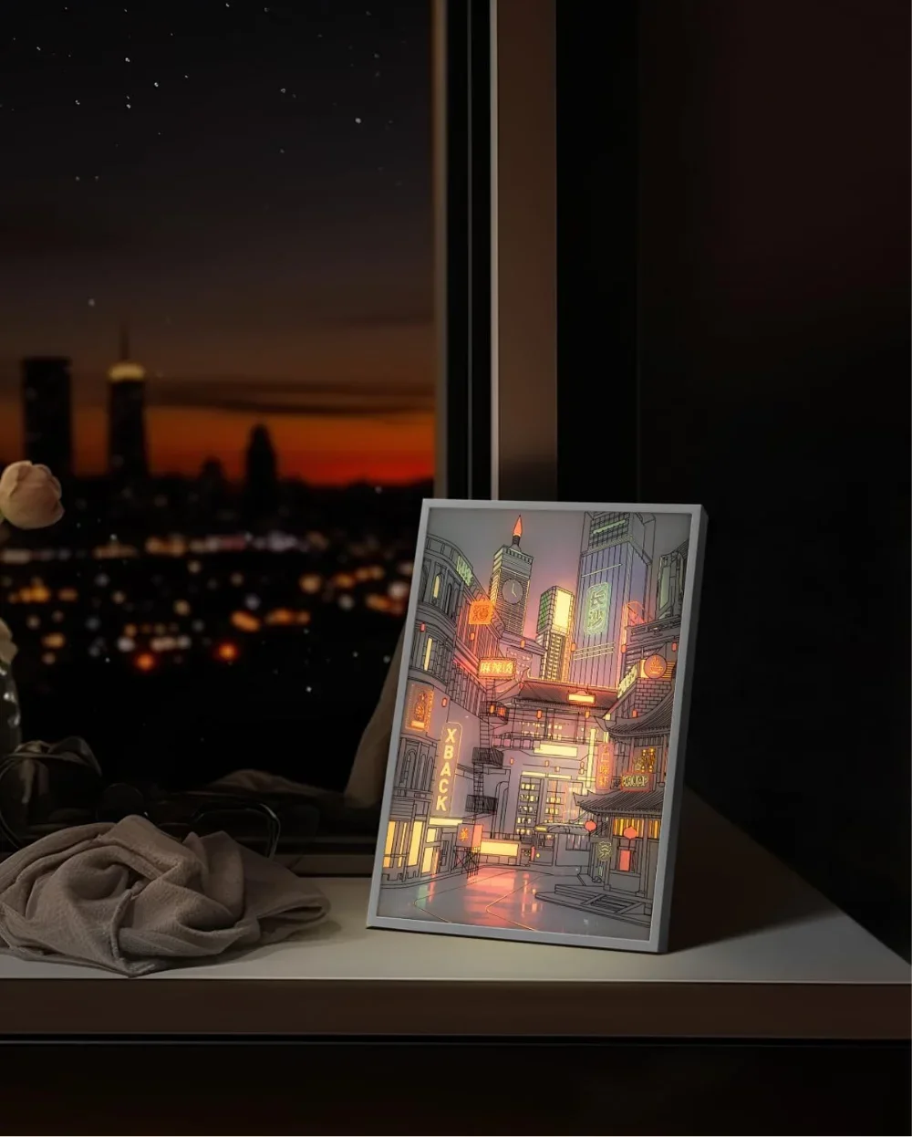 LED Beautiful City Night View Table Light Painting,HD Picture Narrow Bezel USB Plug Dimming Romantic Home Decorations Night Lamp