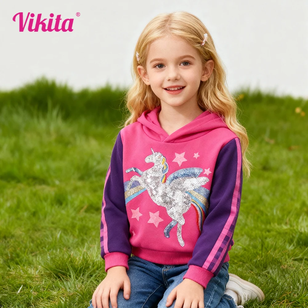 Teenagers Pink Purple Color Blocked Hoodies Kids Glittery Sequins Unicorn Rainbow Star Print Warm Thick Sports Casual Outfits