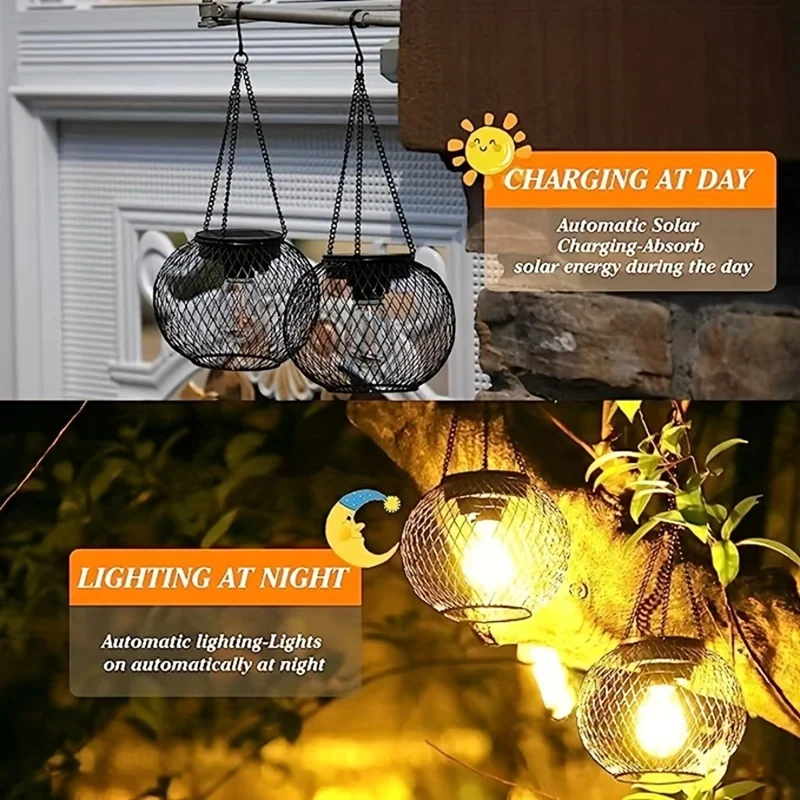 2PCS Outdoor Solar Lanterns Light Hanging Solar Lights Decorative LED Lighting Metal Waterproof Tree Light
