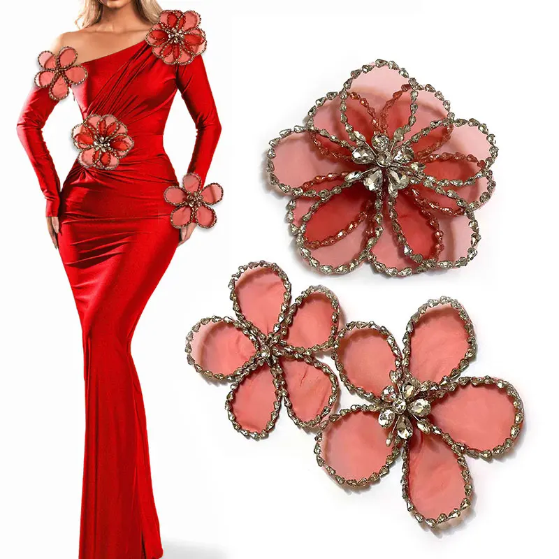 (2pcs)Rhinestone Head Band Applique Flowers, 3D Wire Flower Petal for Wedding Decoration,Artificial Blooming Plant Garden patch