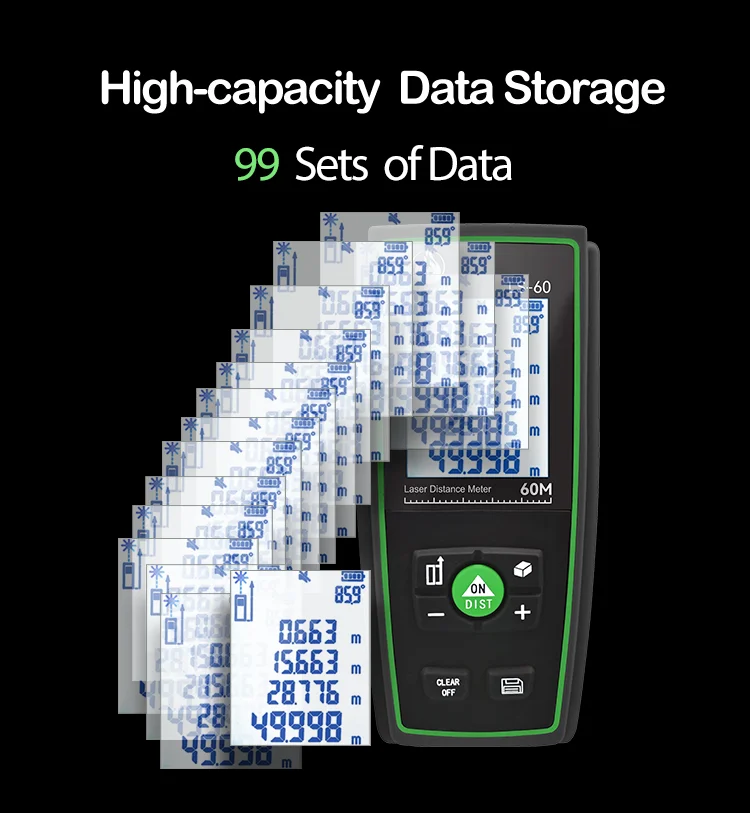 60 m Battery Laser Distance Meter Compact Industrial IP54 Waterproof Rangefinder with 7X Zoom 3A for Interior Use