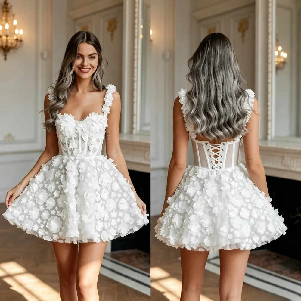 Customized Charming Floral Short A-line Wedding Dress Suitable for Beach Receptions in 2026 with Spaghetti and Mini Bridal Gown