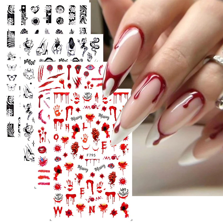 4pcs Halloween Nail Stickers Blood Hand Heart Scar Skull Self-adhesive Sliders Japanese Horror Anime Nail Decals Manicure Decor