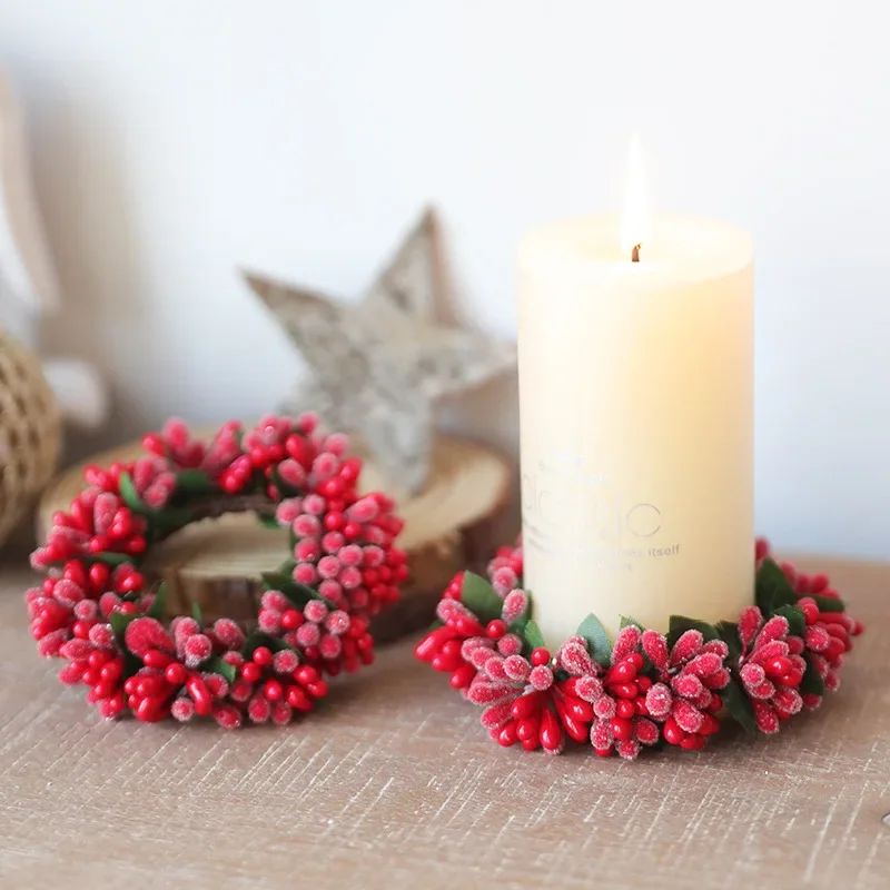 Simulated Red Berry Xmas Wreath Candle Holder Christmas Candle Garland Mini Candle Ring  Decor Farmhouse Home Decoration