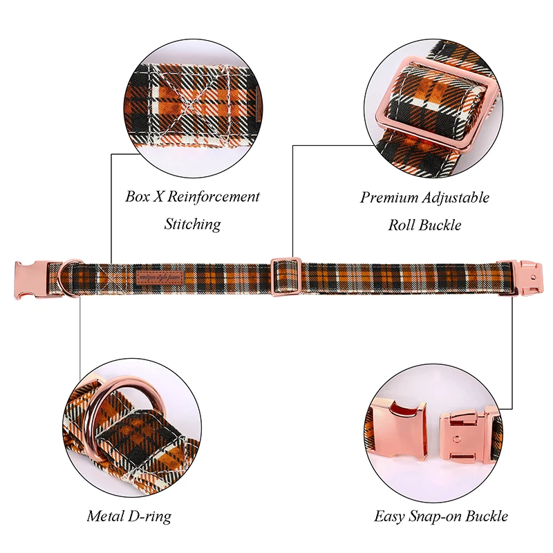 Personlized Unique Style Paws Fall Plaid Dog Collar with Bow Orange  Dog Collar and Flower Pet Dog Collar Large Medium Small Dog