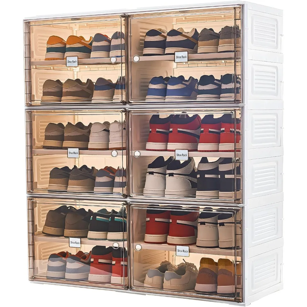 

6 Tiers Foldable Shoe Rack Organizer Cabinet Enclosed Shoe Storage Box with Magnetic Clear Doors,Collapsible Vertical Shoe Rack