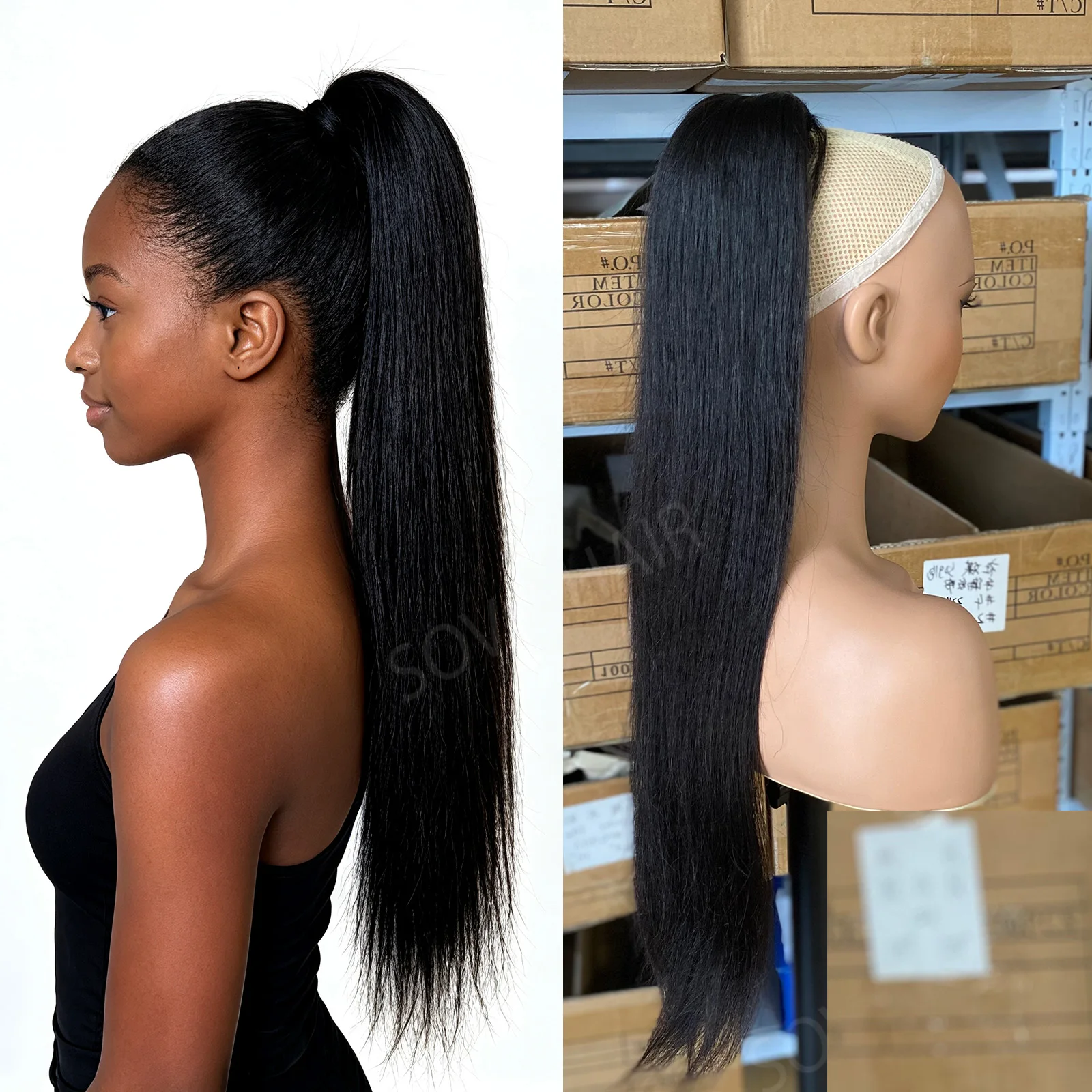 26Inch 140G Yaki Straight Drawstring Ponytail Hair Extension Virgin Human Hair Natural Black Clip Ins Ponytail Hairpieces